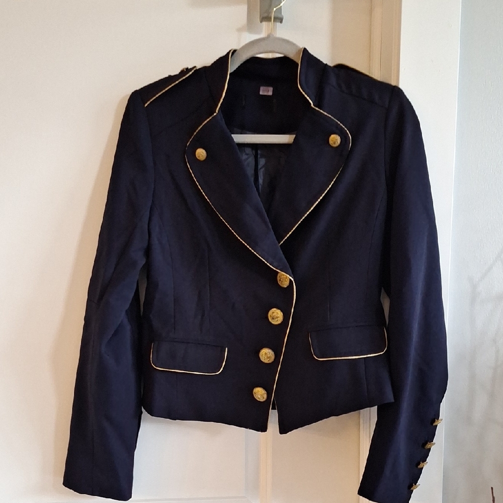 Elegant Navy Women's Blazer with Gold Trim